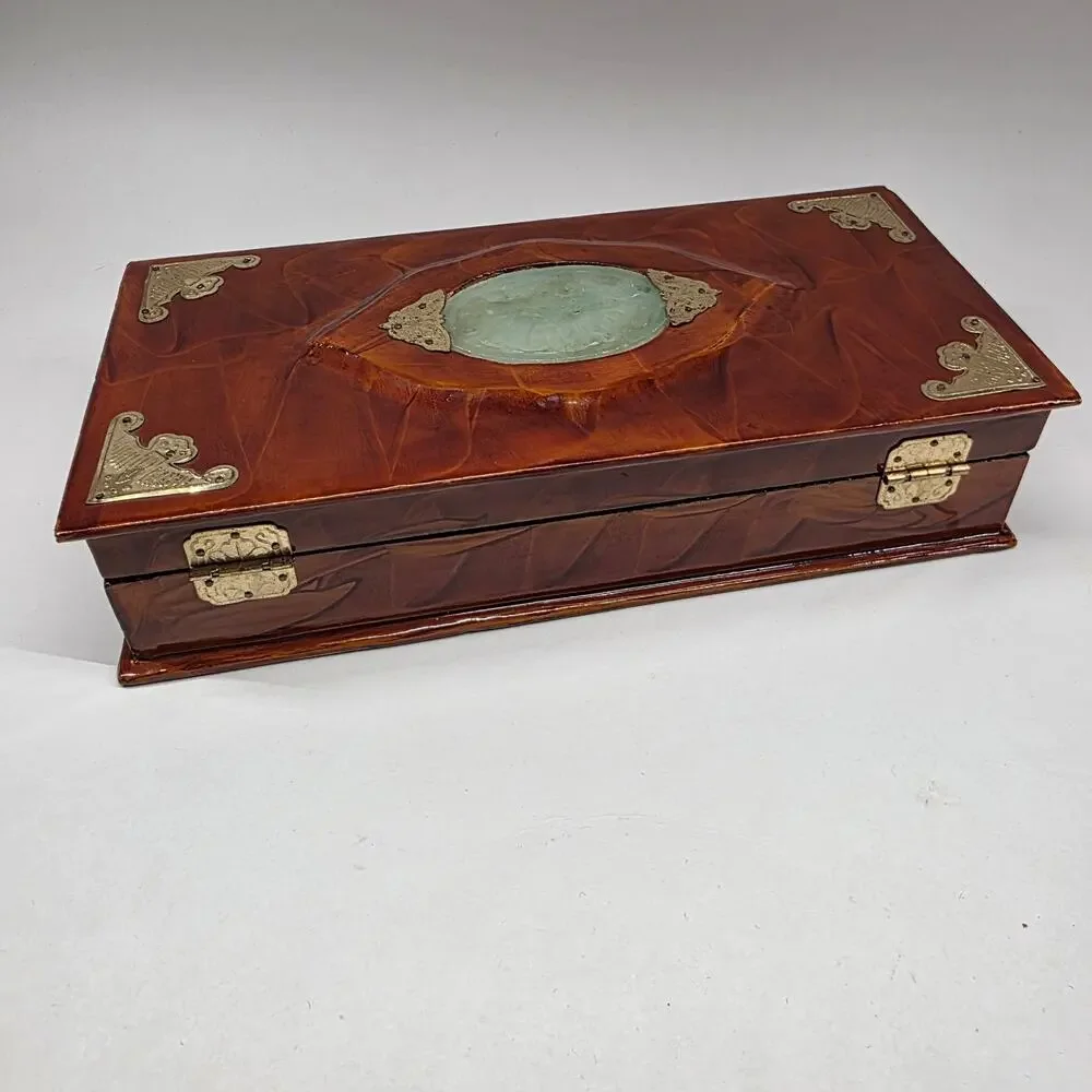 Vintage Chinese Wooden Jewelry Box Brass Hardware Jade Stone Inlay Red Lined
